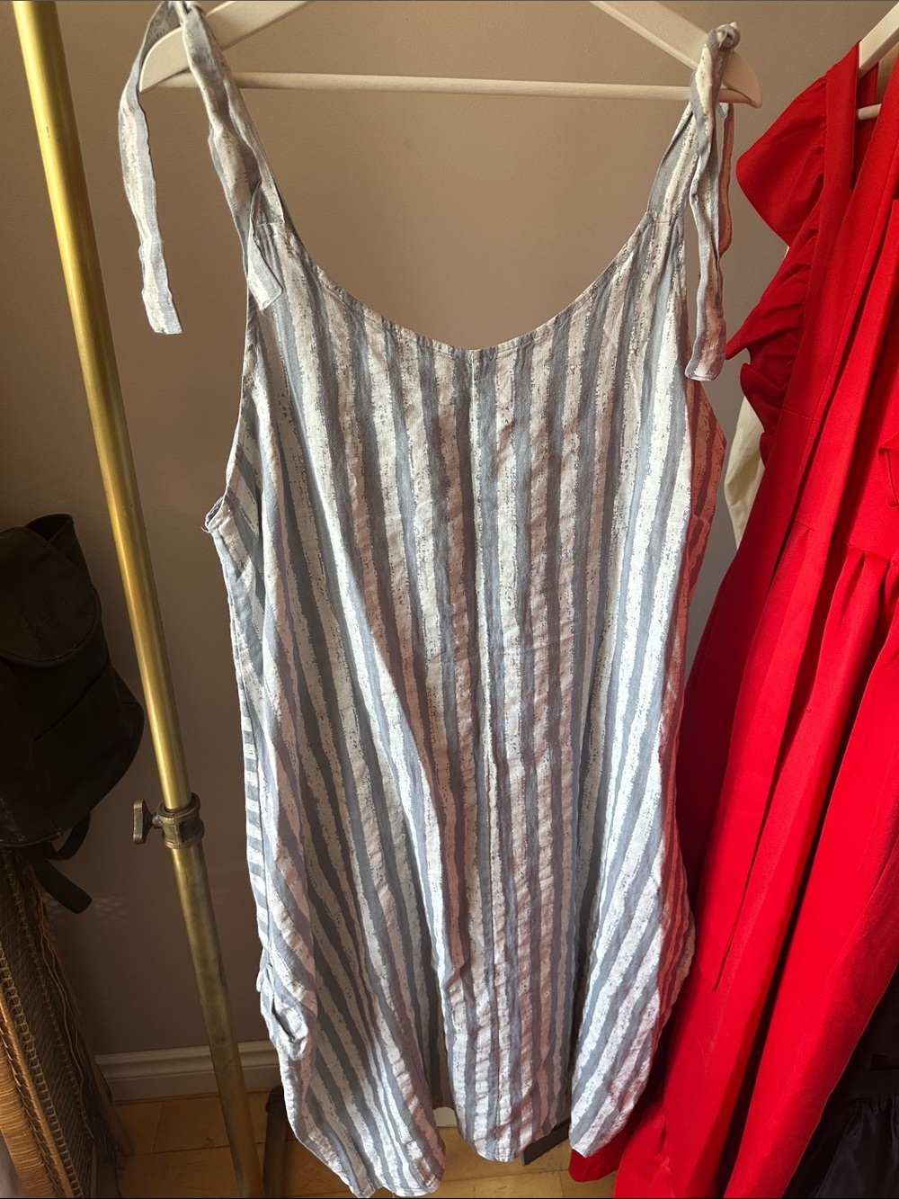 Pistache Striped Tie-Shoulder Linen Tank Dress - Grey & White L/XL - Picture 4 of 6